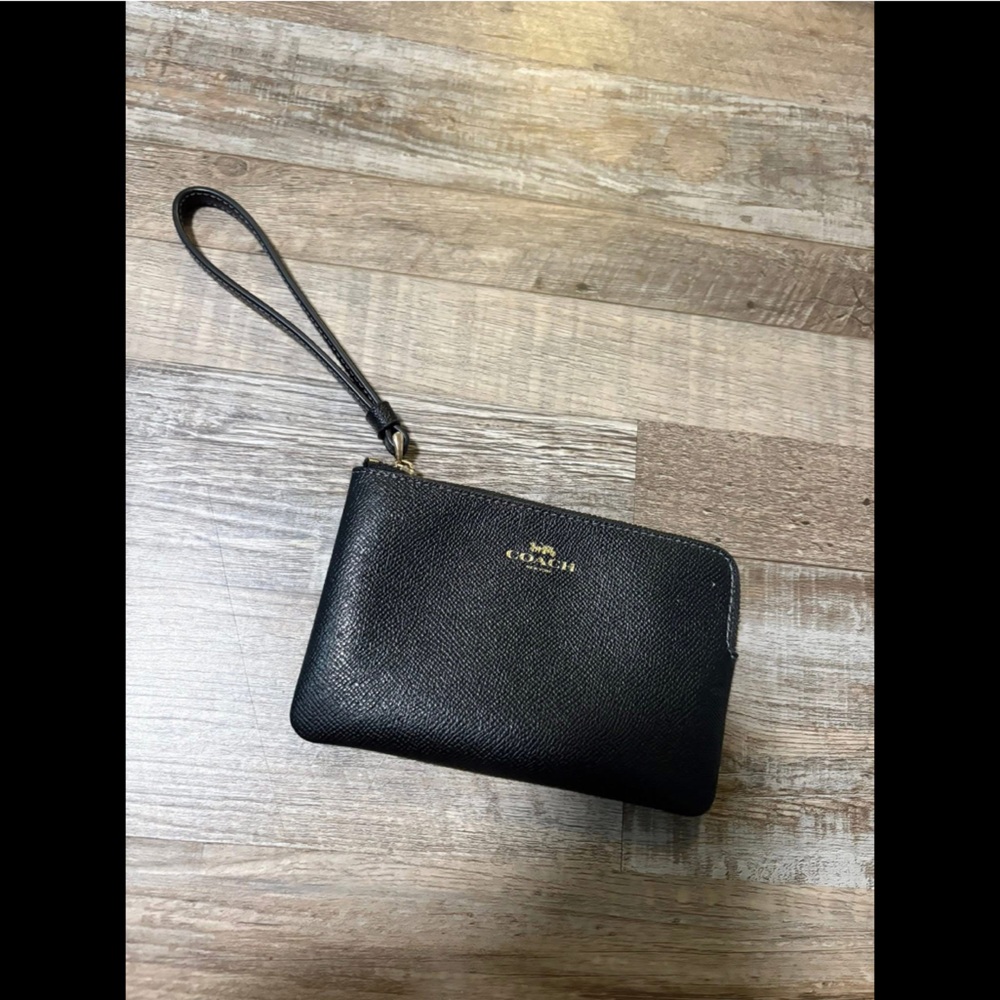 Coach Black Textured Wristlet with Gold Accents